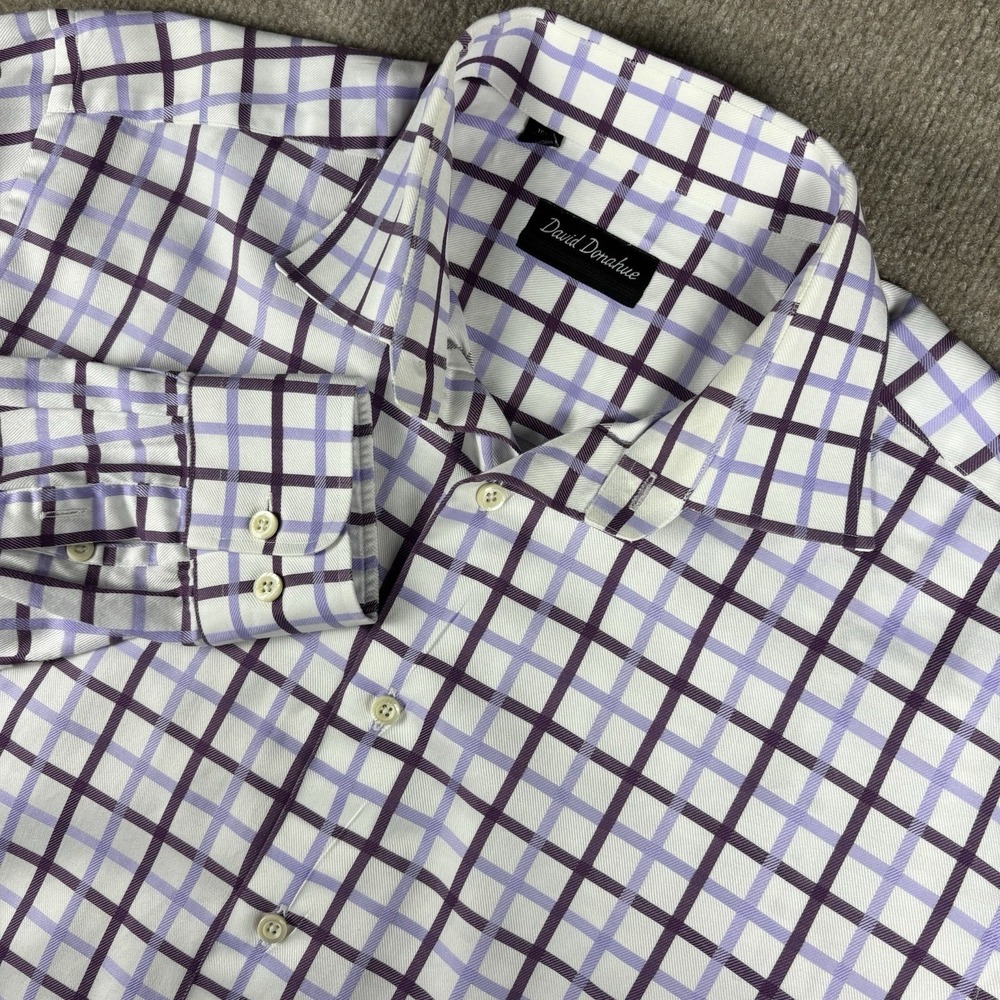 David Donahue Dress Shirt Mens 16.5 32/33 Purple White Plaid Button Front